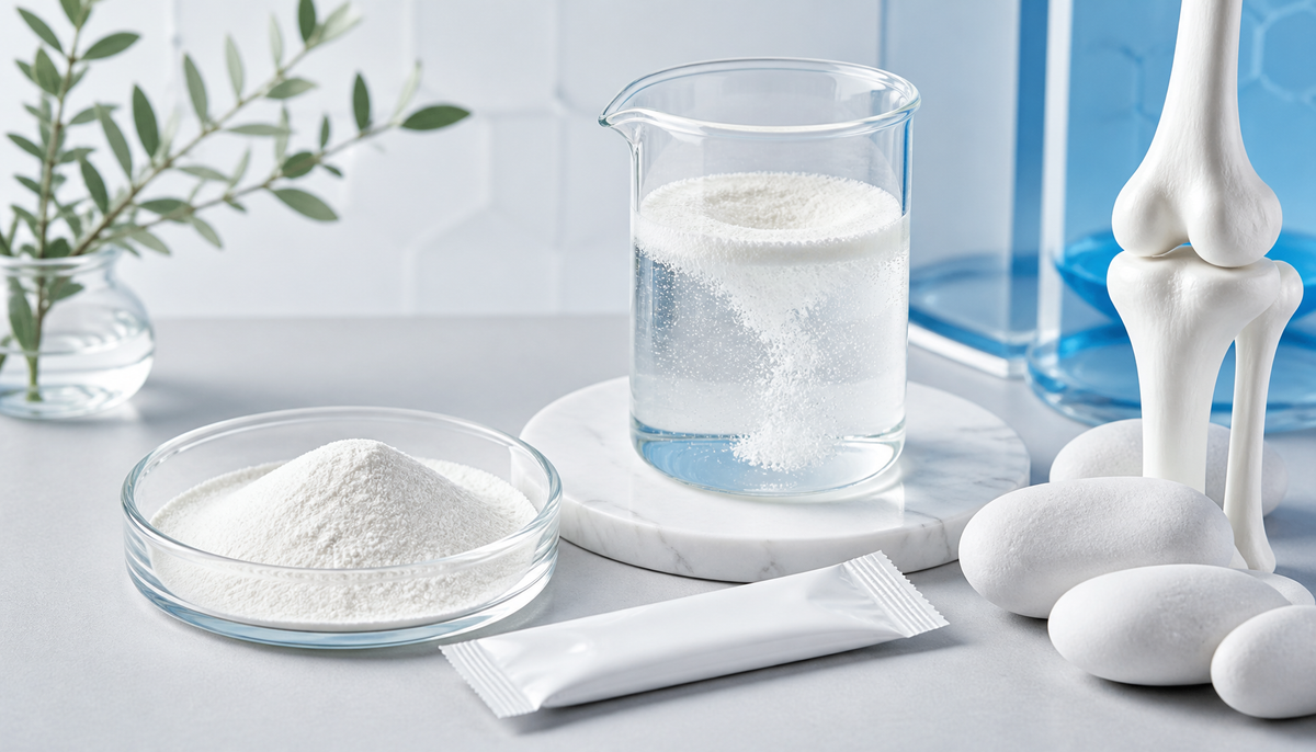 Collagen peptide powder dissolving in water in a clean scientific setting