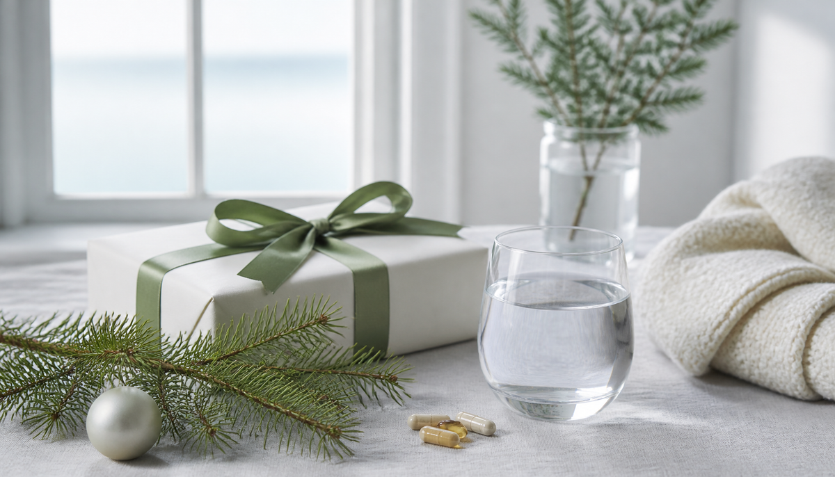 Minimal Christmas wellness gift with evergreen sprig and supplement capsules