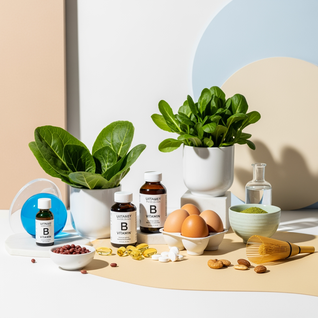 Editorial still life of B vitamin supplements and whole food sources in a minimal scientific setting