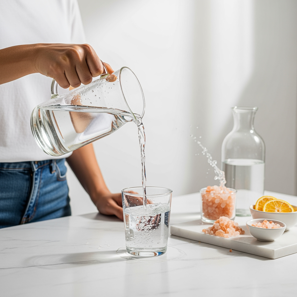 Pouring water into a clean glass on a white marble counter with electrolyte minerals nearby