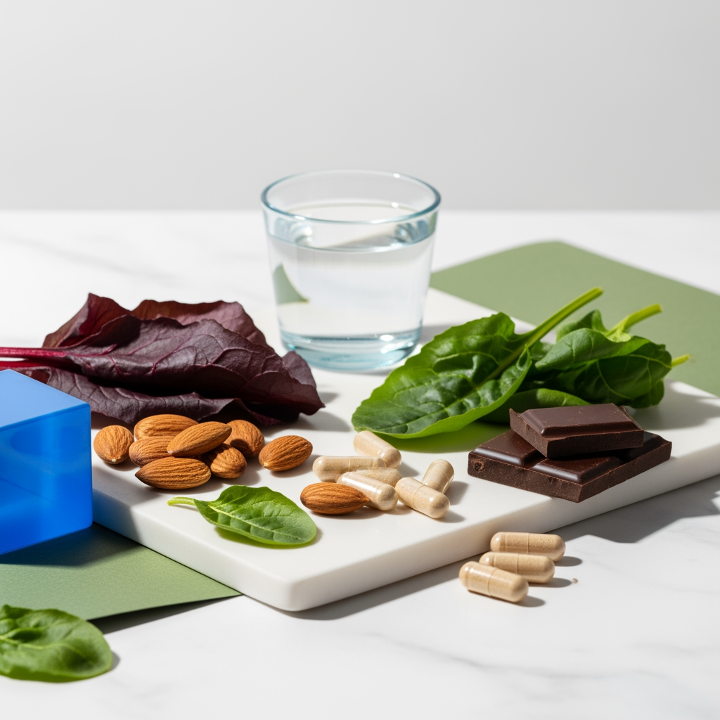 Magnesium supplements and natural magnesium-rich foods arranged on a clean white surface