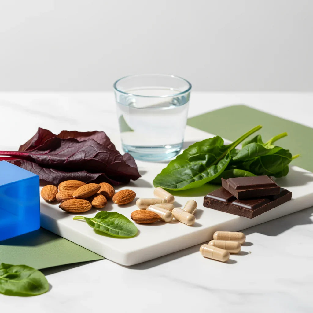 Magnesium supplements and natural magnesium-rich foods arranged on a clean white surface