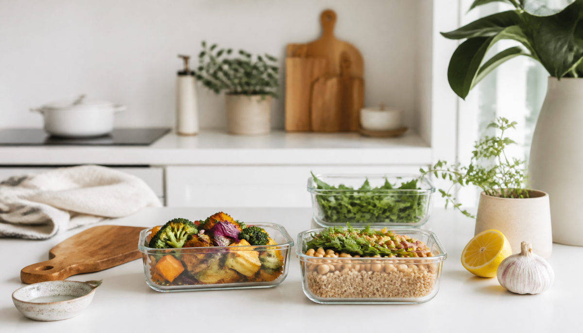 Simple prepared meals in glass containers on a bright minimalist kitchen counter