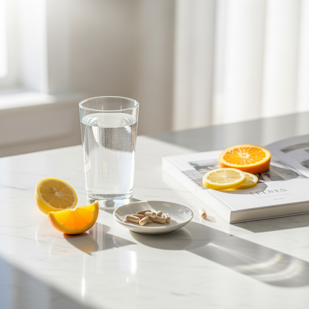 Clean morning wellness setup with supplements, water, and natural light on a white marble counter