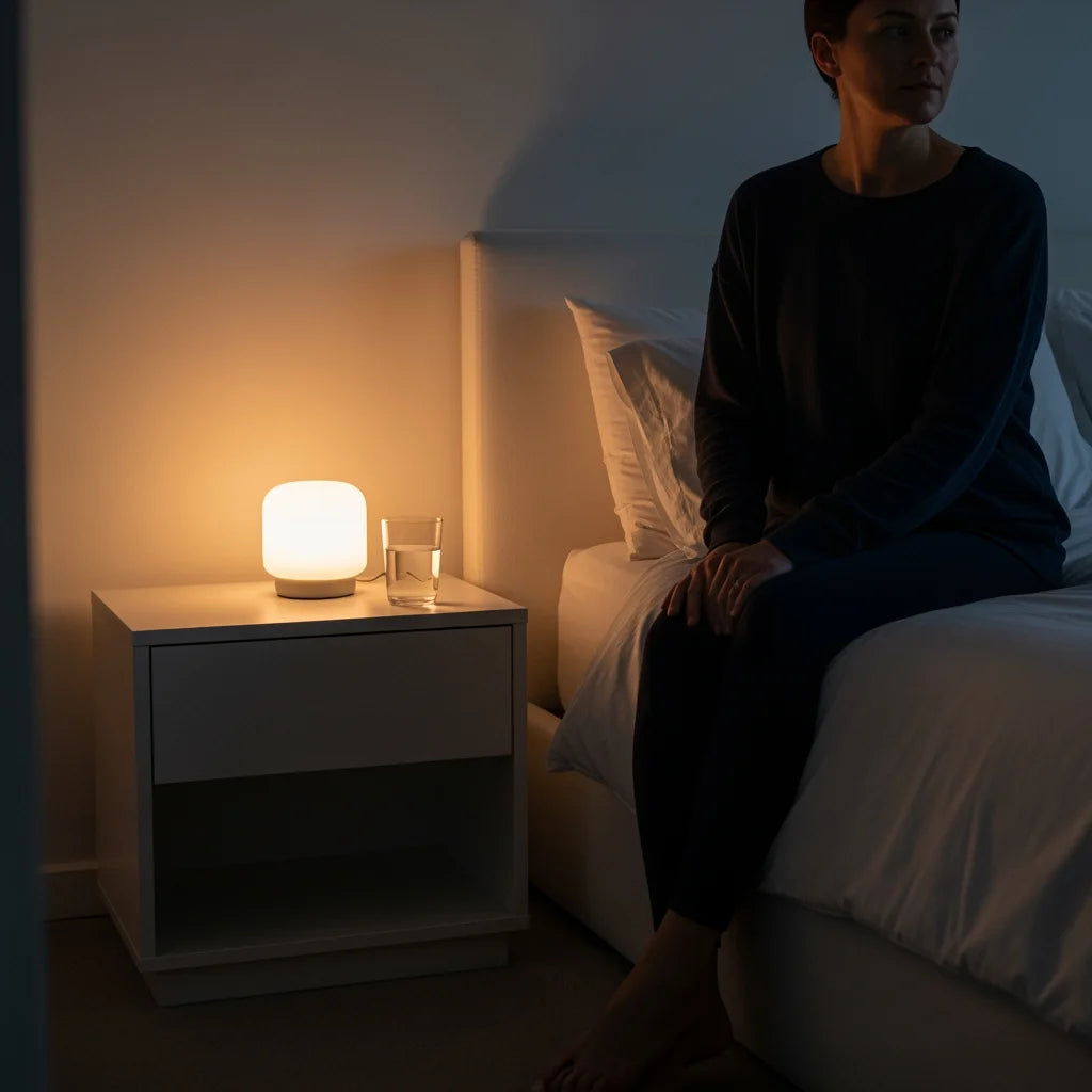 Serene bedroom at dusk with warm ambient lighting, winding down for the night — premium wellness aesthetic