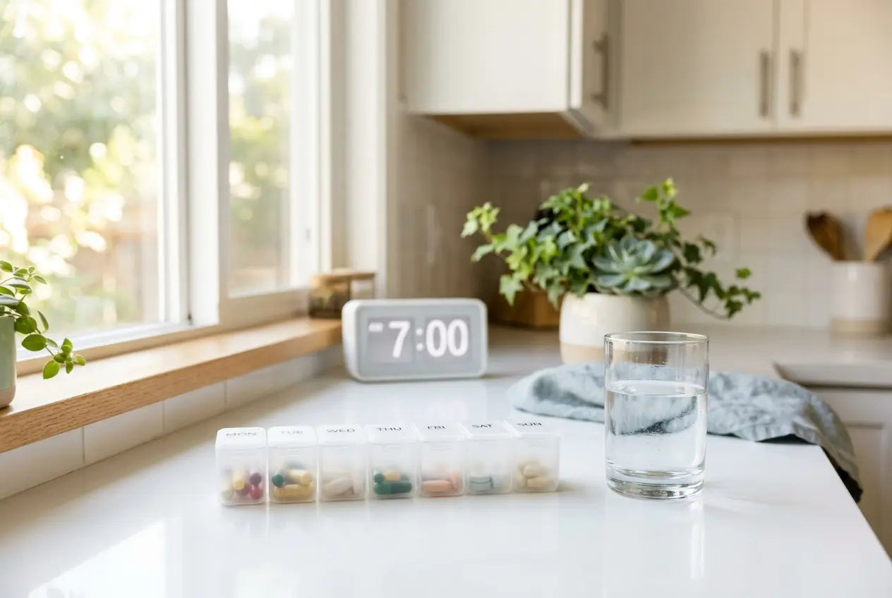 Morning supplement routine with pill organizer and water glass in natural light