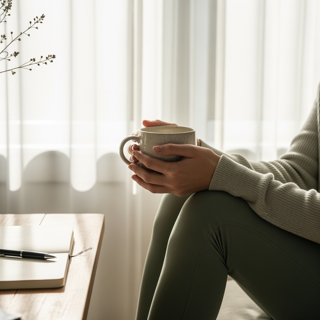 Peaceful morning moment with tea and journal by sunlit window — calming stress management lifestyle photography.
