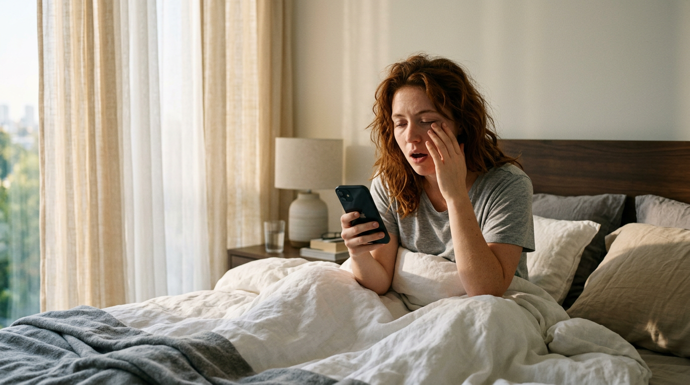 Person waking up groggy in a sunlit bedroom despite getting 8 hours of sleep