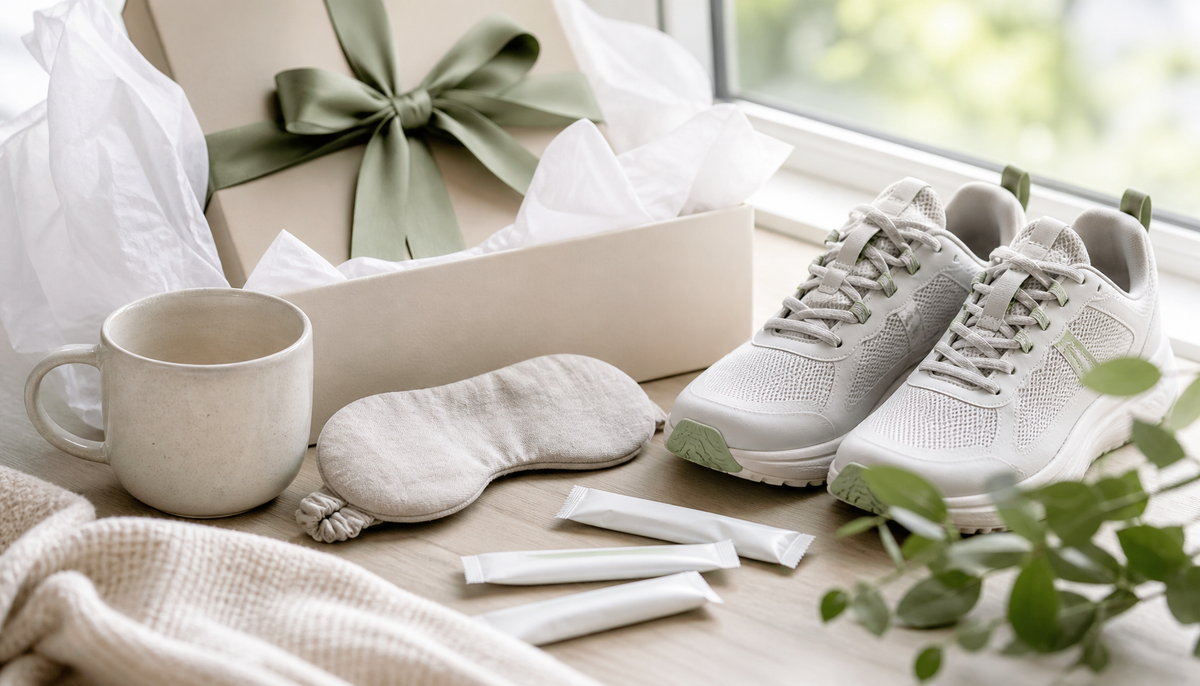 Wrapped wellness gift with eye mask, walking shoes and supplement stick packs