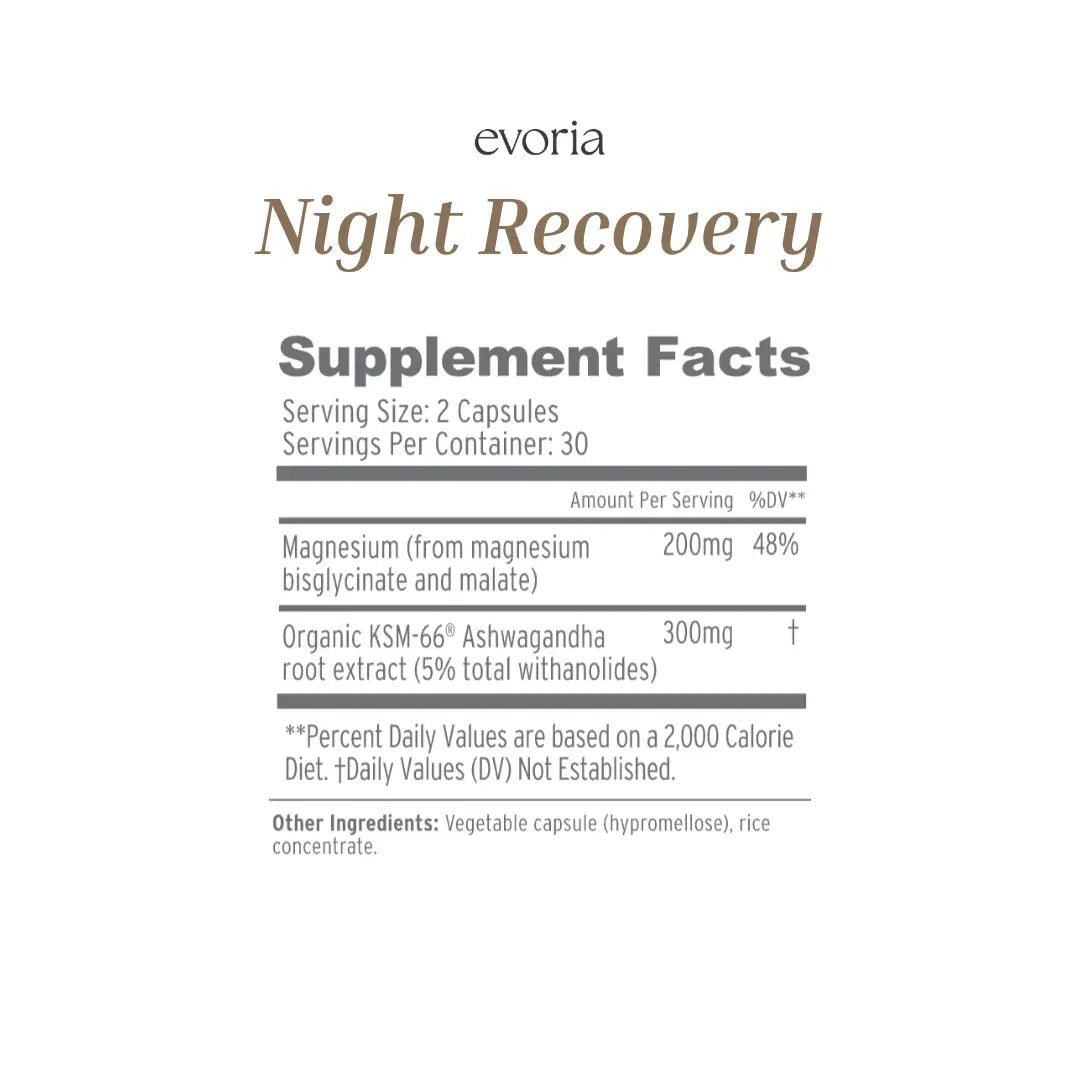 Evoria Night Recovery nutritional label detailing its formula of Magnesium and Organic KSM-66 Ashwagandha extract.