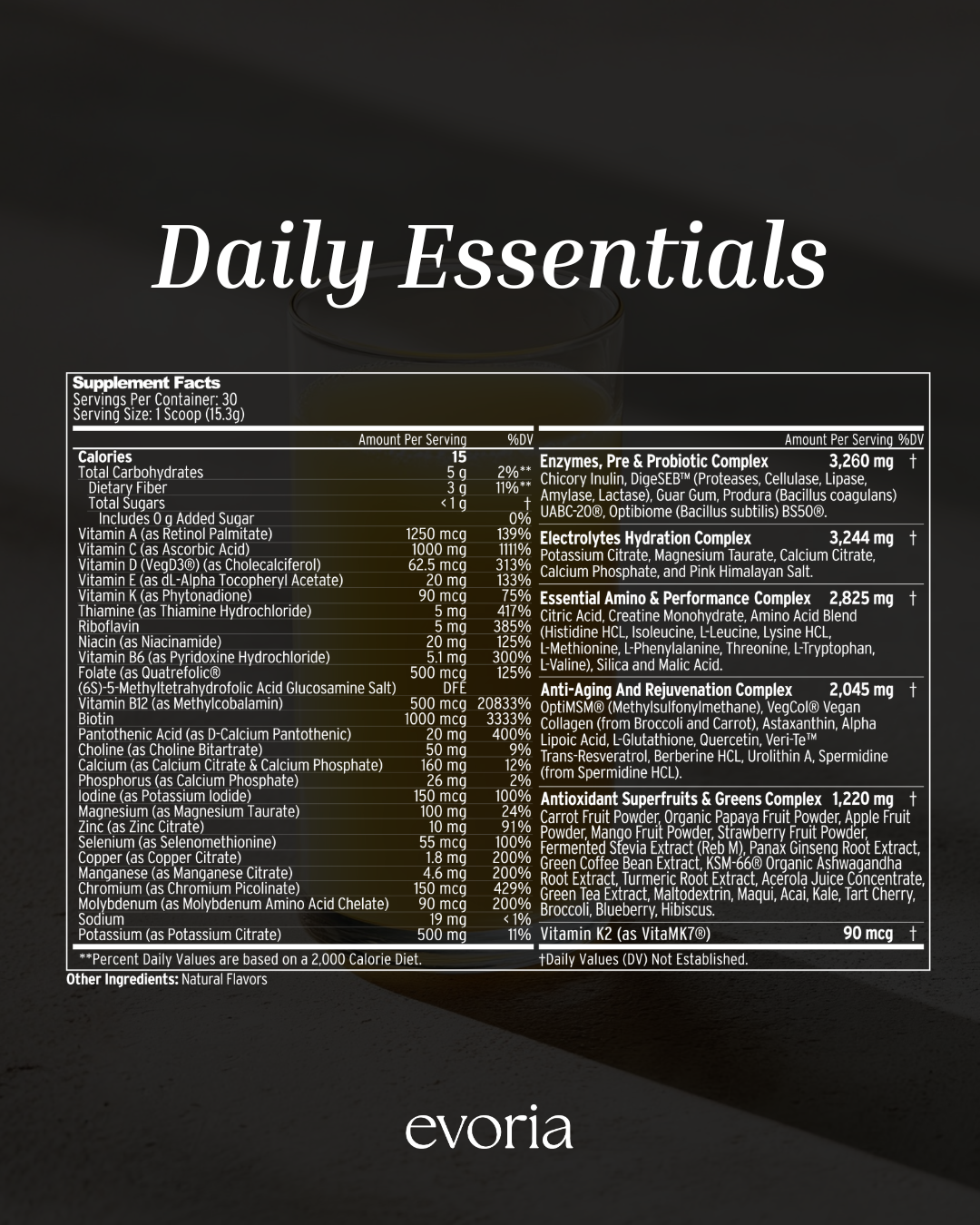 Evoria Daily Essentials supplement facts label showing vitamins, minerals, probiotics, enzymes, electrolytes, amino acids, and antioxidant superfoods per serving