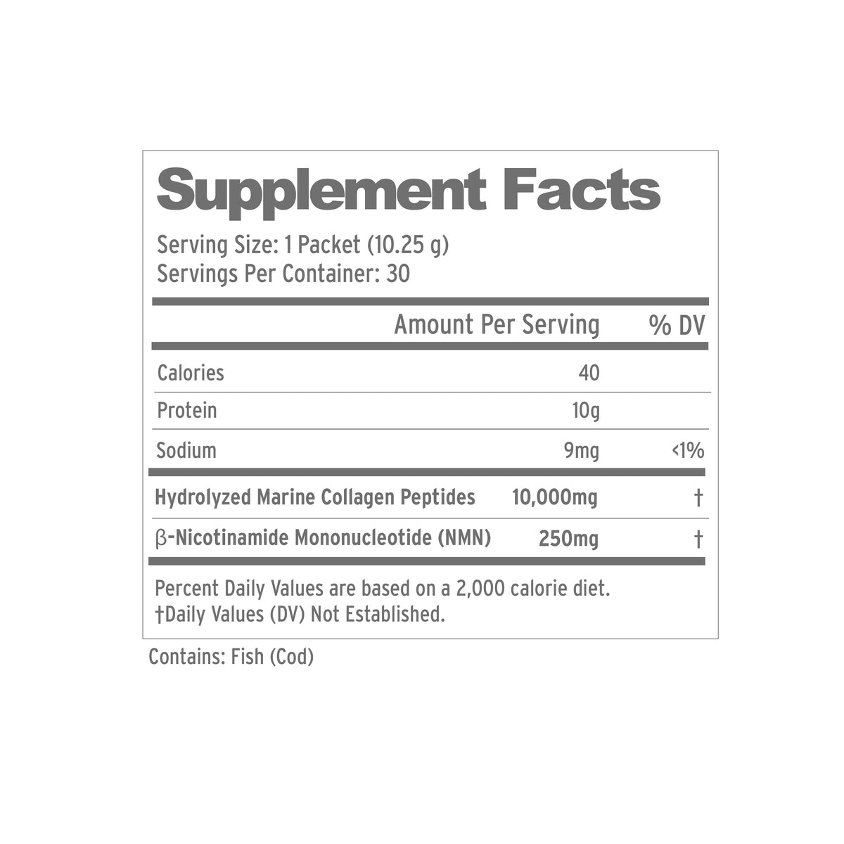 Evoria Collagen Renewal Supplement Facts label: serving size 1 packet (10.25g), 30 servings per container, 40 calories, 10g protein, 10,000mg hydrolyzed marine collagen peptides, and 250mg NMN beta-nicotinamide mononucleotide.