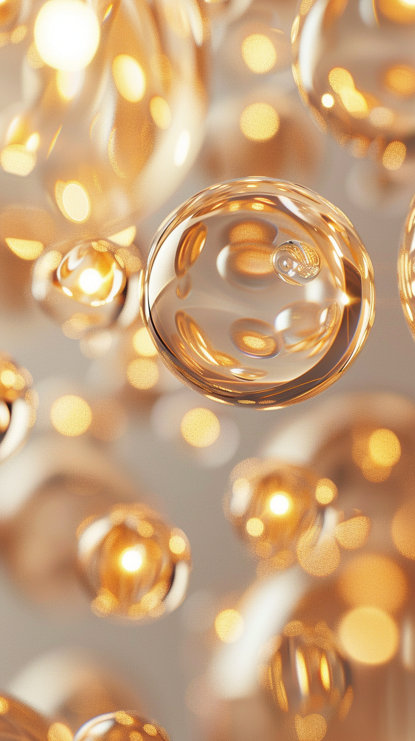 Multiple golden translucent bubbles floating against a soft background with inner glow and reflections, symbolizing cellular energy, nutrient molecule delivery, and the tech aesthetic of premium anti-aging supplements.
