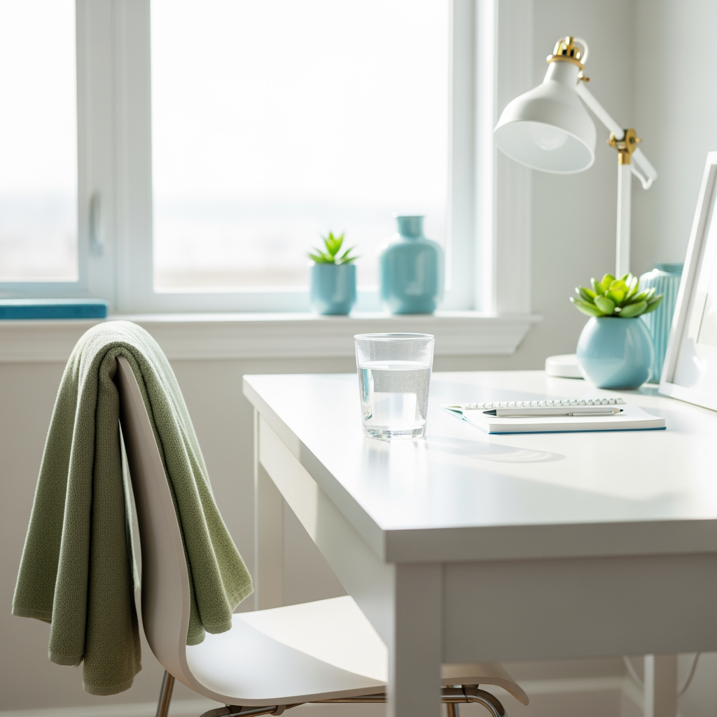 Bright minimal workspace with natural light, representing sustainable afternoon energy and focus