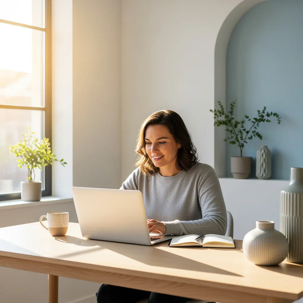 Professional working at modern desk in soft afternoon light, refreshed and focused