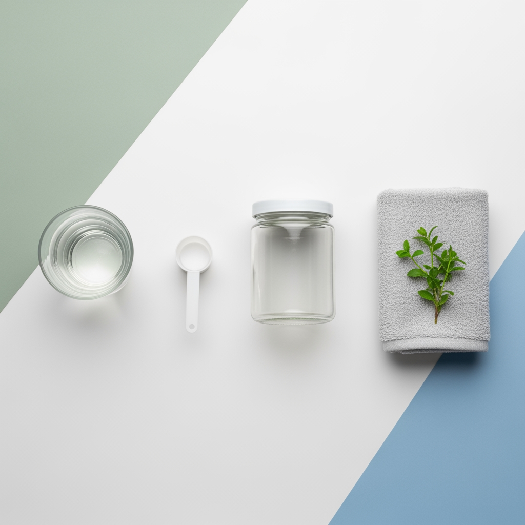 A simple daily routine laid out in a row: a glass of water, a supplement scoop, a plain glass jar, and a folded towel on a clean white surface