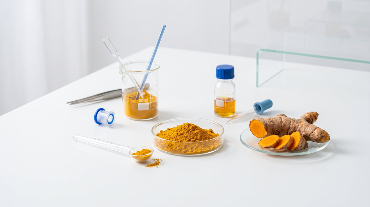 Golden curcumin powder and turmeric root in scientific laboratory setting