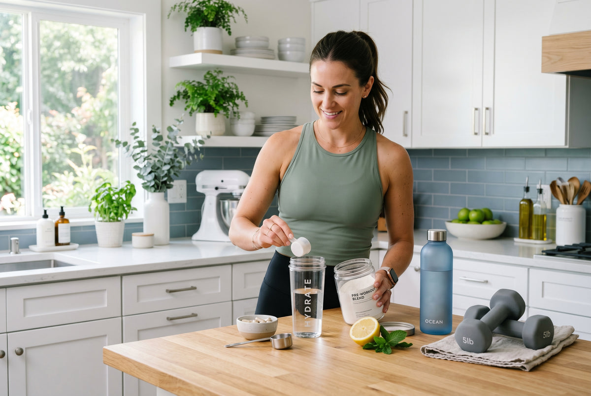 Person preparing a post-workout supplement shake with dumbbells nearby