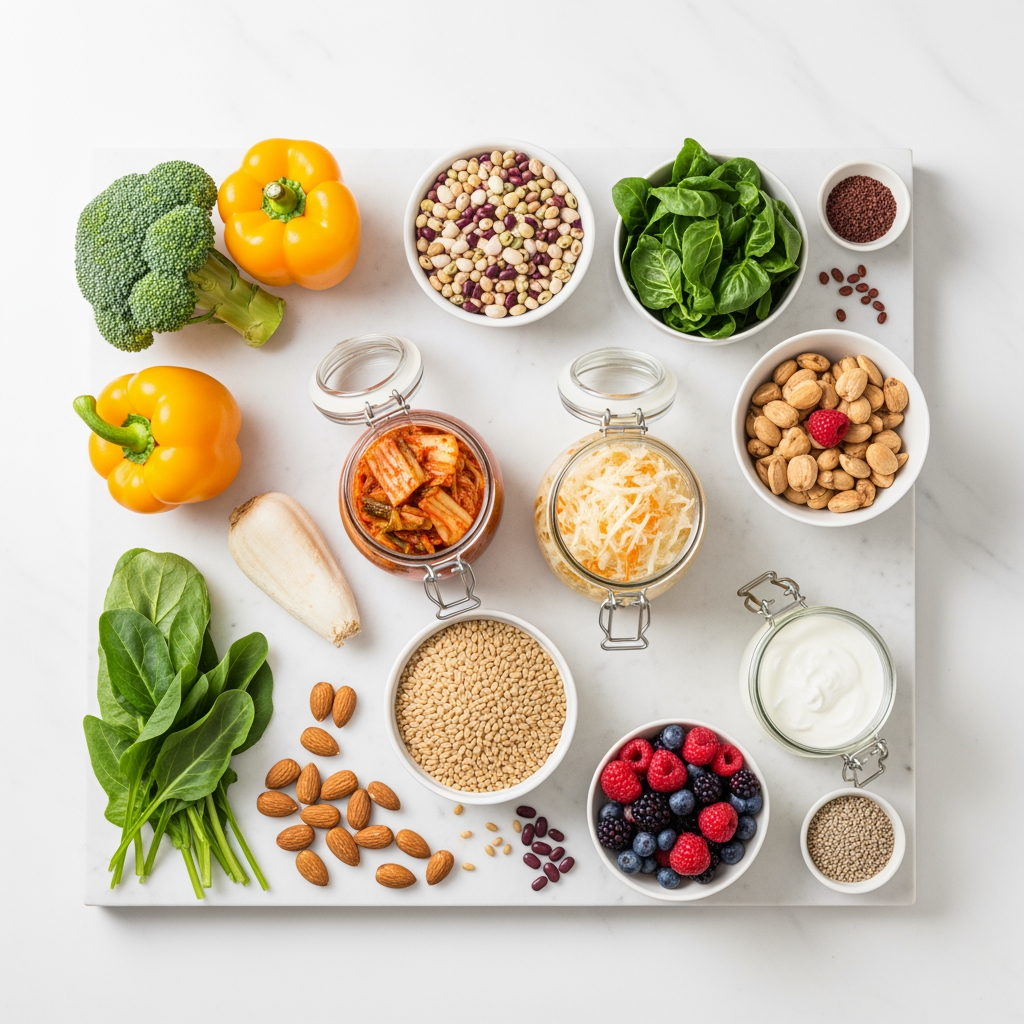Overhead view of diverse gut-healthy foods including vegetables, fermented foods, whole grains, and legumes on a clean white surface