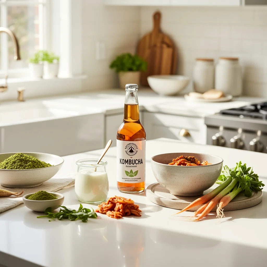 Clean kitchen counter with probiotic-rich foods - yogurt, kombucha, kimchi, fresh vegetables - in bright modern wellness setting