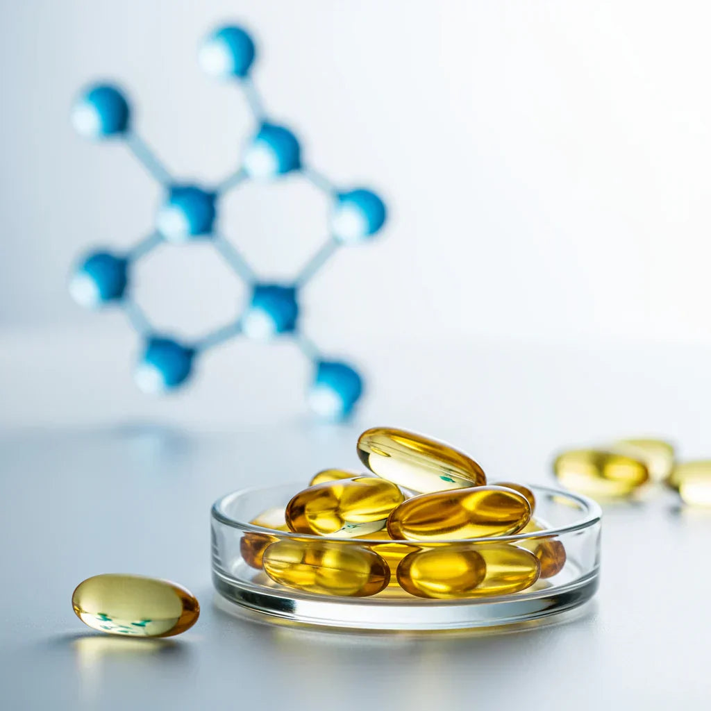 Omega-3 fish oil softgels in a minimal scientific setting with clean blue accents