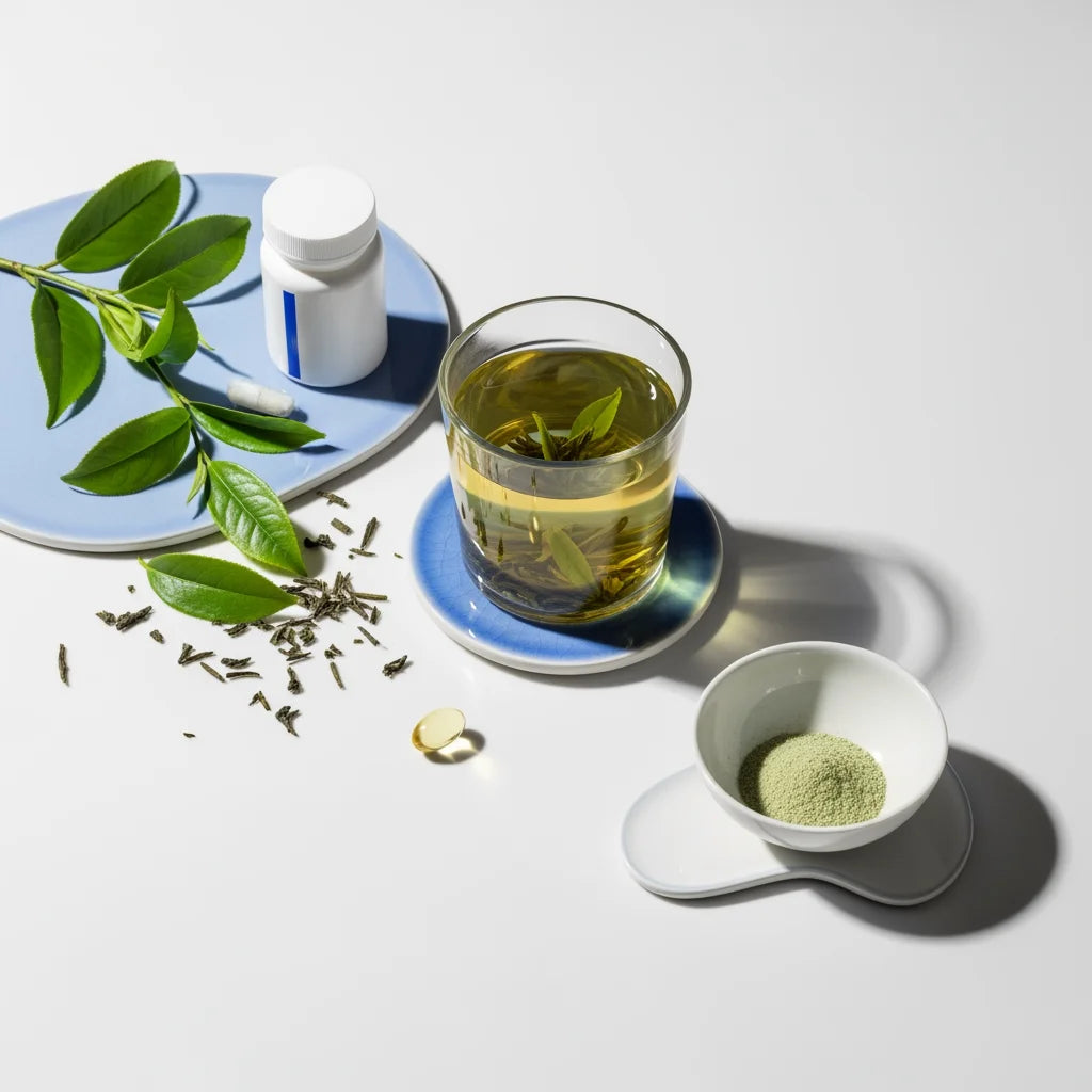 Green tea leaves and minimalist supplement setting in premium wellness aesthetic