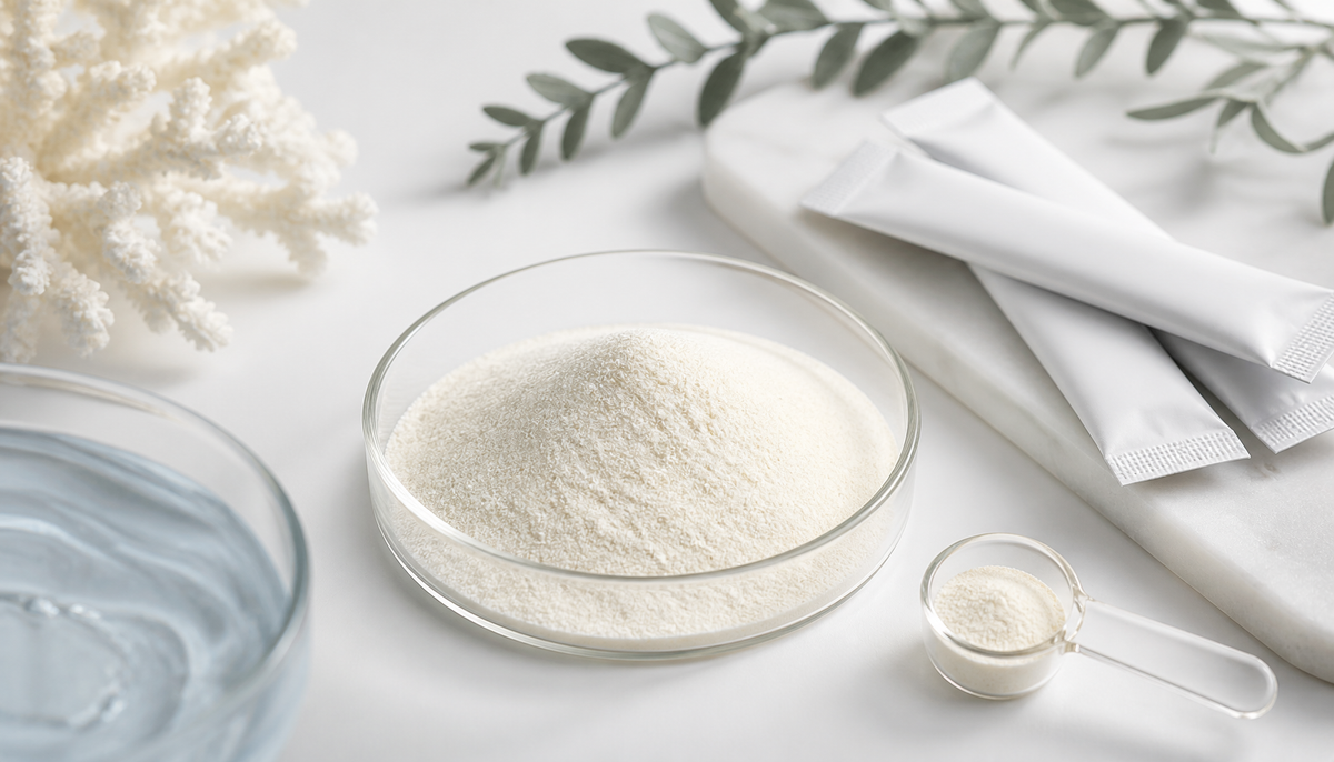 Marine collagen peptide powder in a glass dish with stick packets