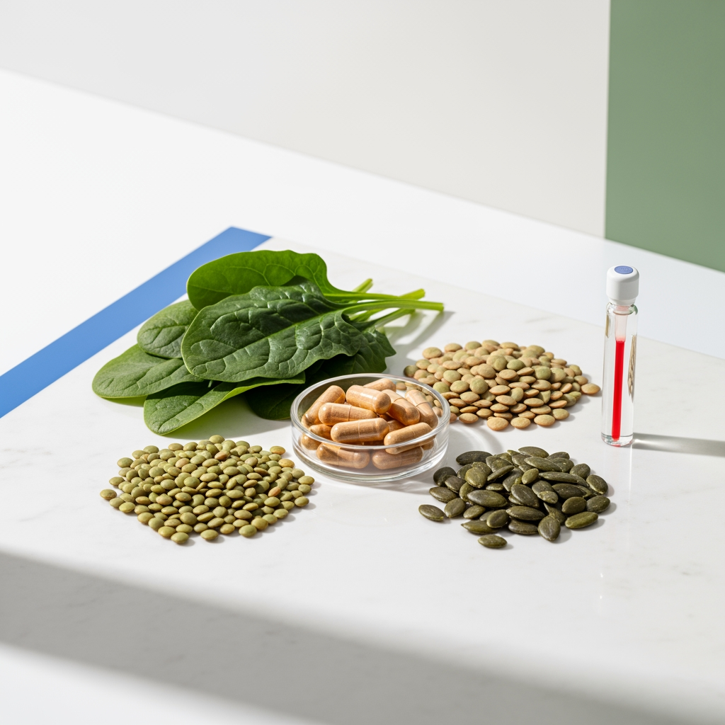 Iron supplement capsules and a blood collection tube in a clean, minimal scientific still life