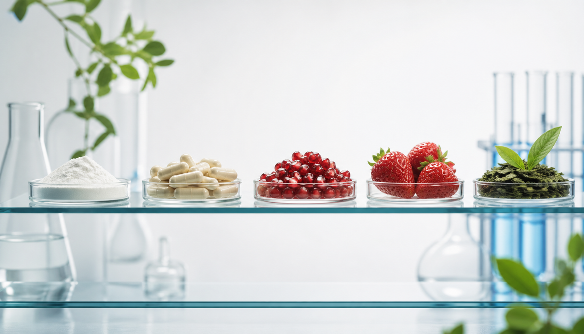 Longevity supplement ingredients arranged in a minimal scientific still life