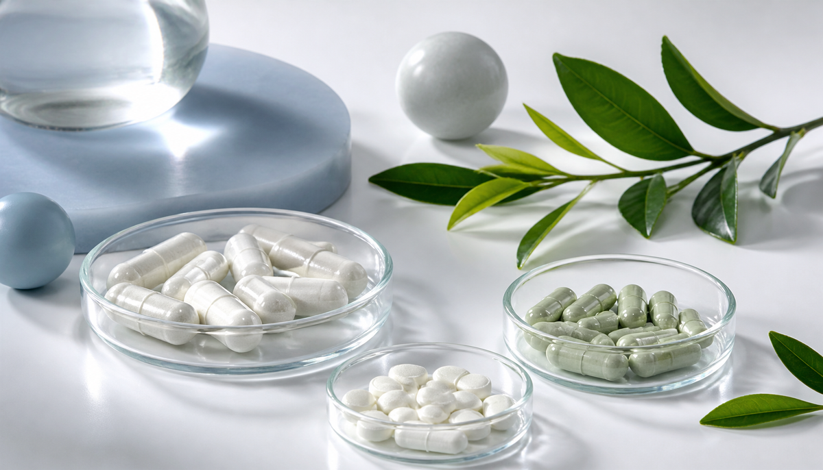 Magnesium capsules, melatonin tablets and L-theanine capsules in glass dishes