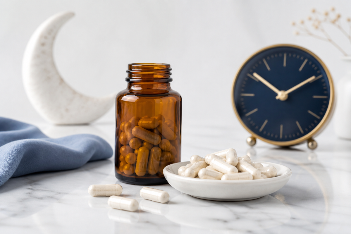 Melatonin supplement capsules on a clean white surface with evening clock - dosing and timing guide