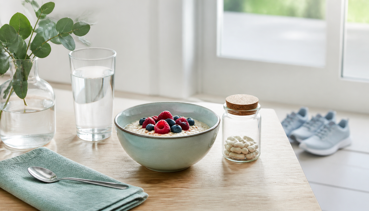 Simple morning wellness routine on a bright kitchen table
