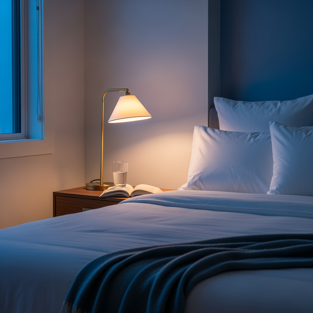 Serene minimalist bedroom with warm evening light, clean white bedding, peaceful nighttime atmosphere