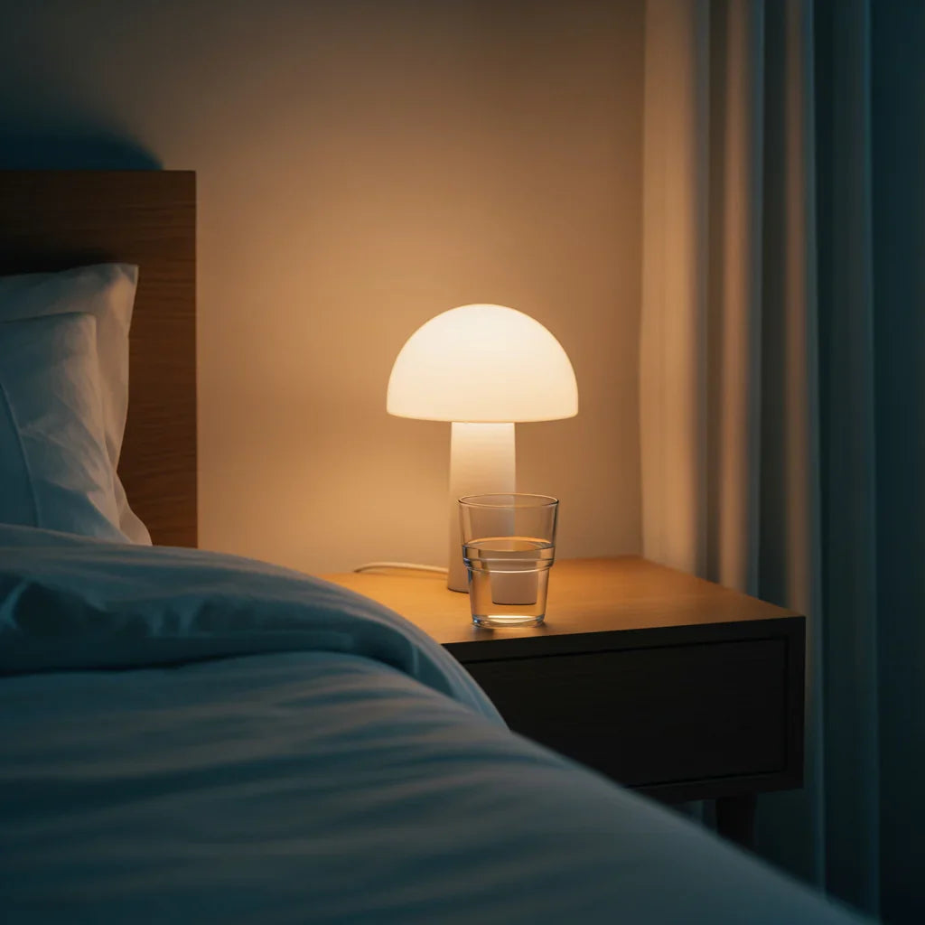 Serene bedroom with soft ambient lighting and premium wellness aesthetic