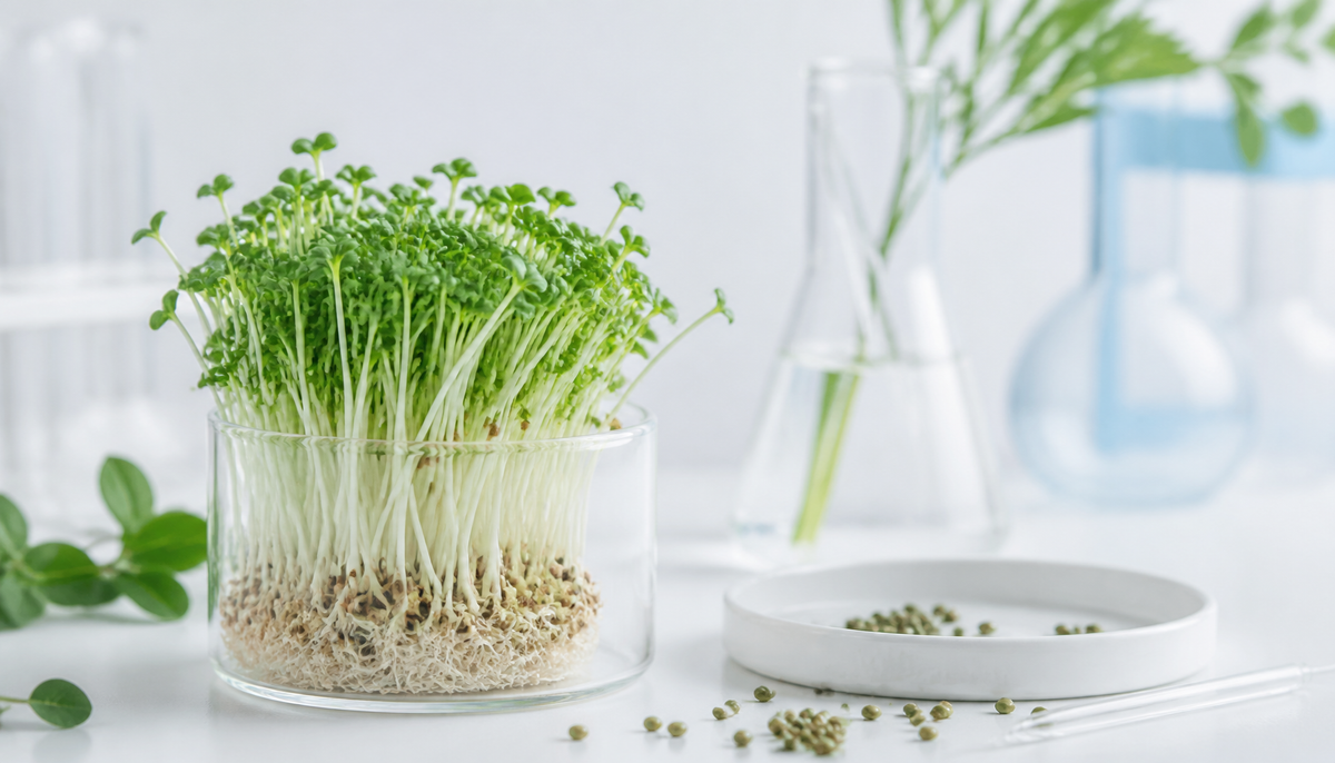 Fresh broccoli sprouts in a clean scientific setting
