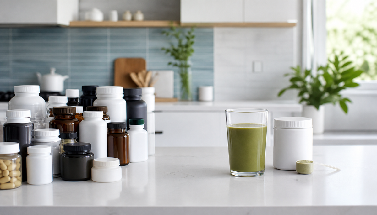 All-in-one daily supplement serving next to a cluster of supplement bottles