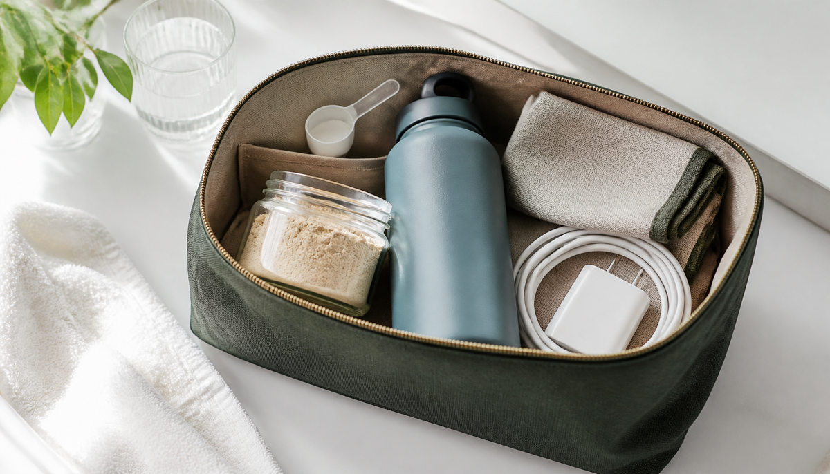 A neatly packed travel dopp kit on a clean white surface: a glass jar of supplement powder with a compact scoop, a refillable water bottle, a folded linen cloth, and a charger in soft natural light