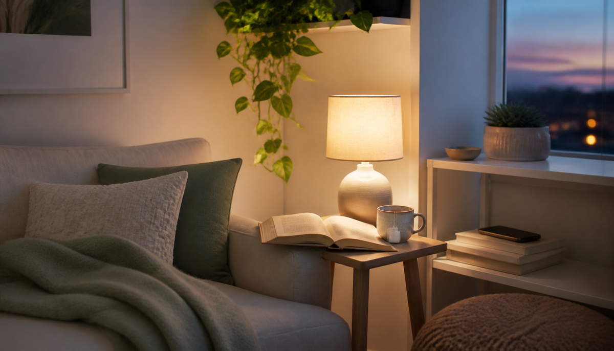 Calm evening wind-down scene with a warm lamp, book, and herbal tea
