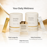 Evoria Your Daily Wellness product lineup featuring Total Longevity for cellular energy, Daily Essentials for foundational nutrition, and Night Recovery for restorative sleep, showcasing premium beige and gold packaging.