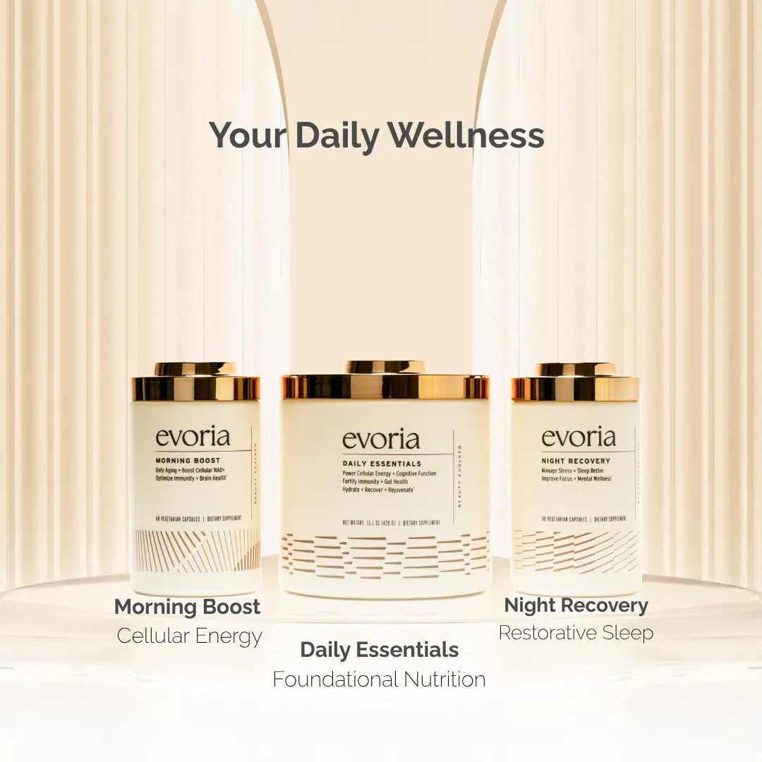 Evoria Daily Wellness supplements: Morning Boost for cellular energy, Daily Essentials for foundational nutrition, and Night Recovery for restorative sleep.