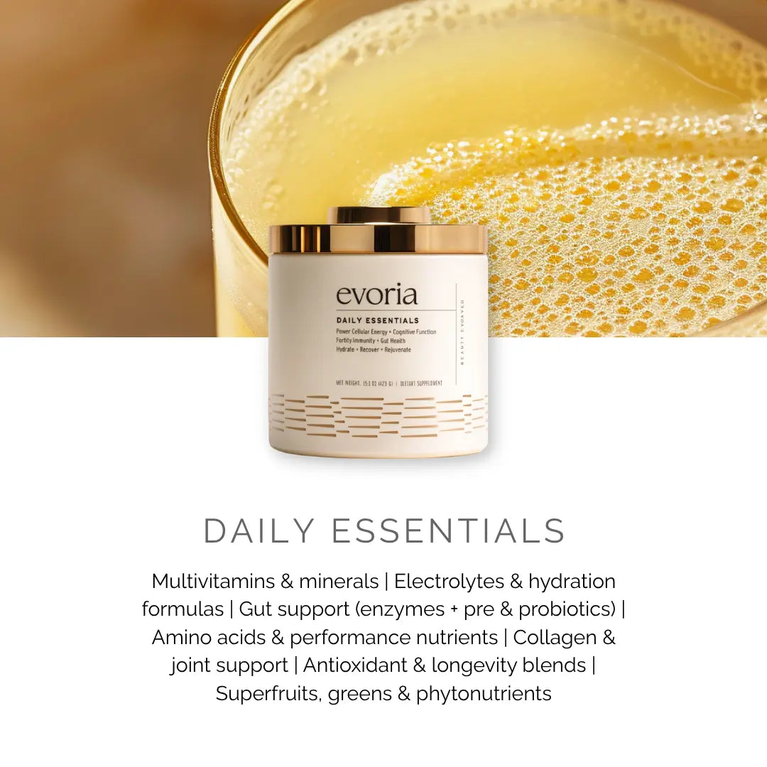 Evoria Daily Essentials drink mix graphic highlighting its multivitamins, electrolytes, probiotics, and collagen.