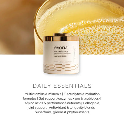 Evoria Daily Essentials drink mix graphic highlighting its multivitamins, electrolytes, probiotics, and collagen.
