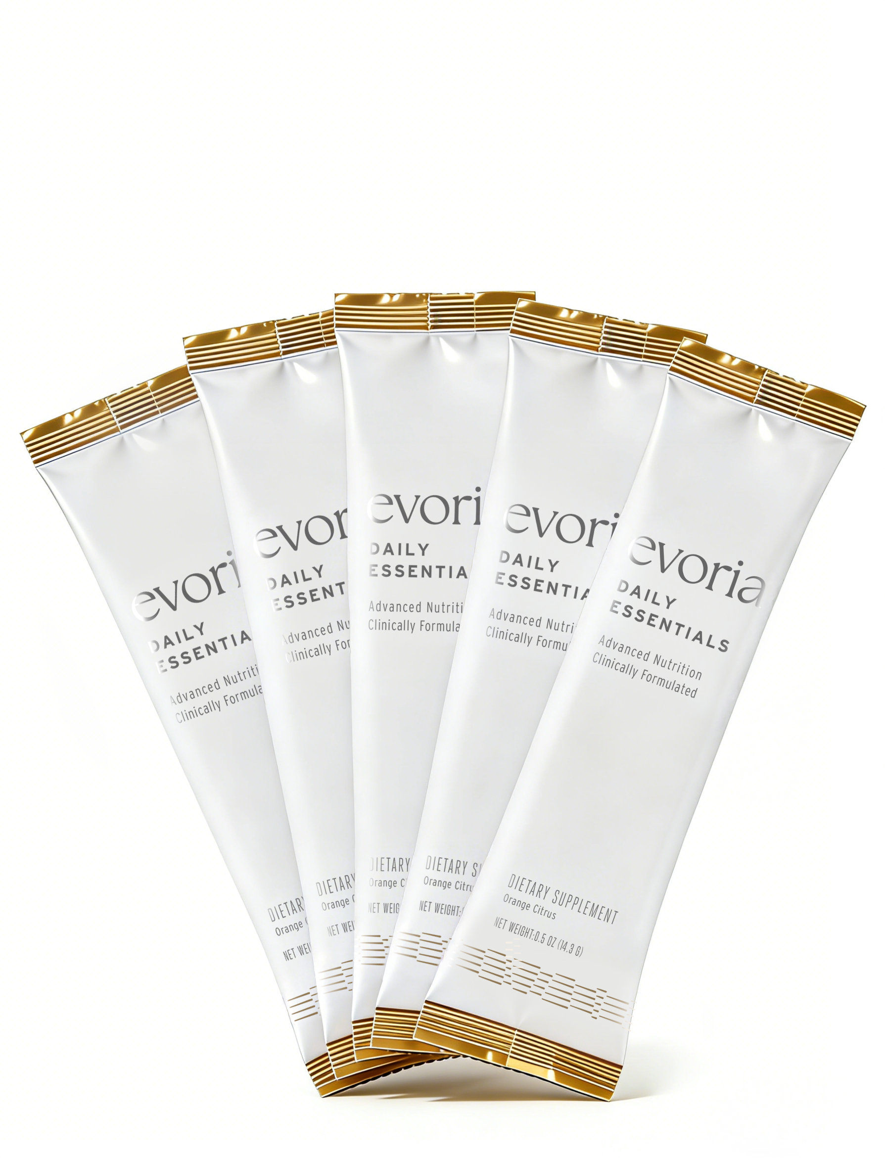 Evoria Daily Essentials single-serve stick packets in white and gold premium packaging, 5-count travel size