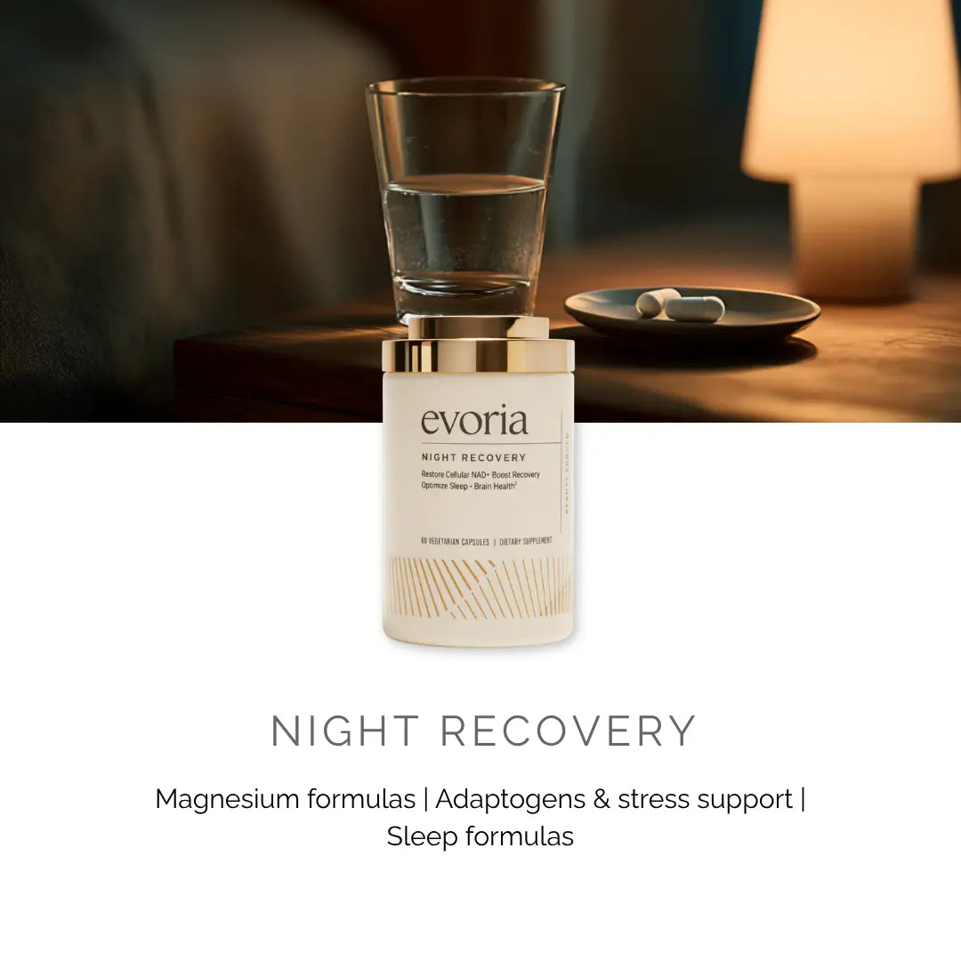 Evoria daily supplement schedule detailing Morning Boost for energy, Daily Essentials for nutrients, and Night Recovery for sleep.