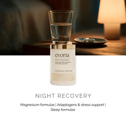 Evoria daily supplement schedule detailing Morning Boost for energy, Daily Essentials for nutrients, and Night Recovery for sleep.