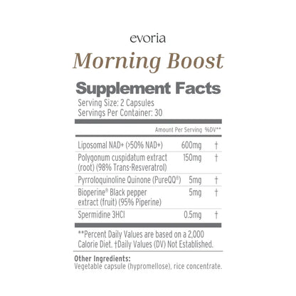 Evoria Morning Boost nutritional label detailing ingredients including Liposomal NAD+, Resveratrol, PureQQ, Bioperine, and Spermidine.