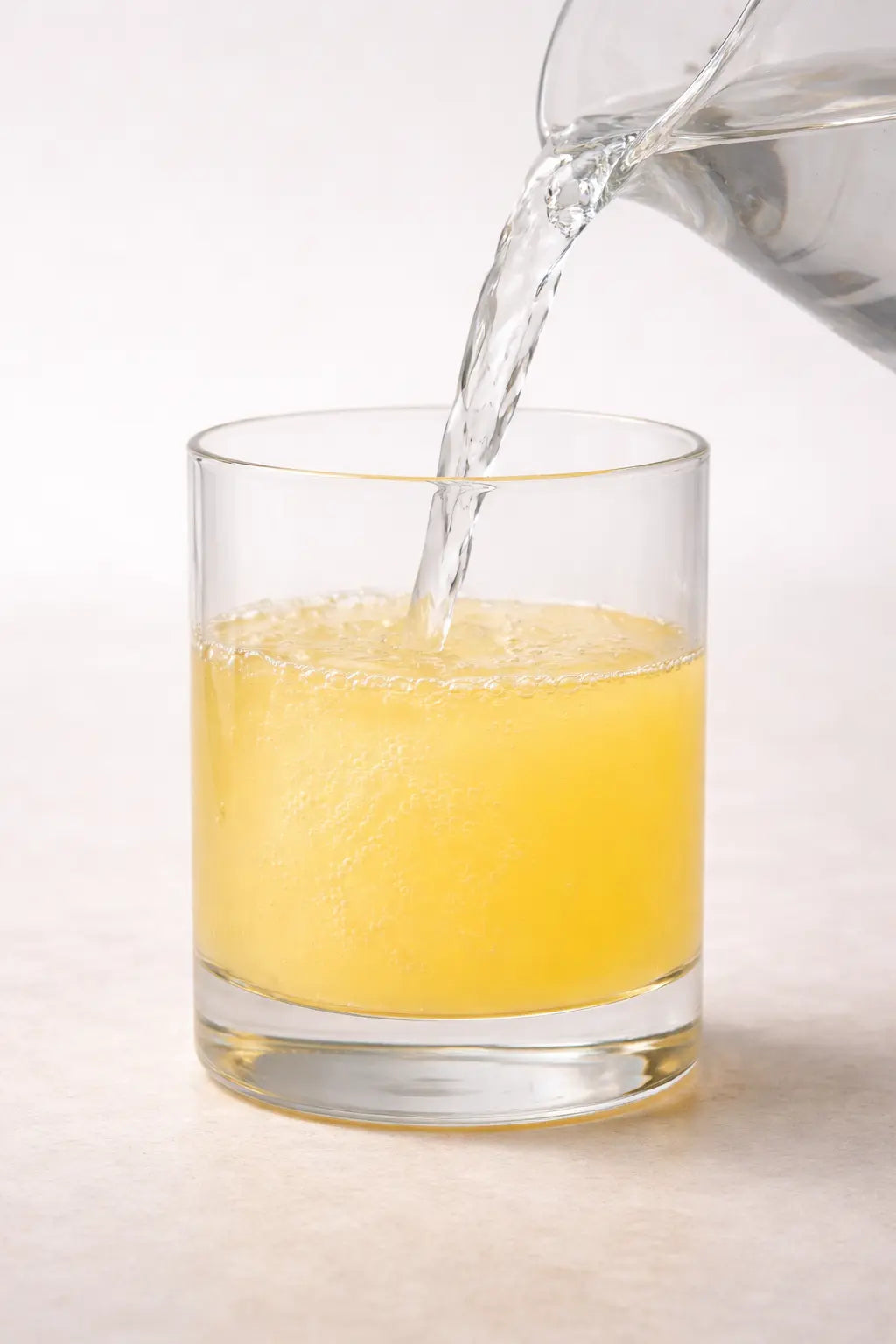 Water being poured into a glass containing Daily Essentials powder