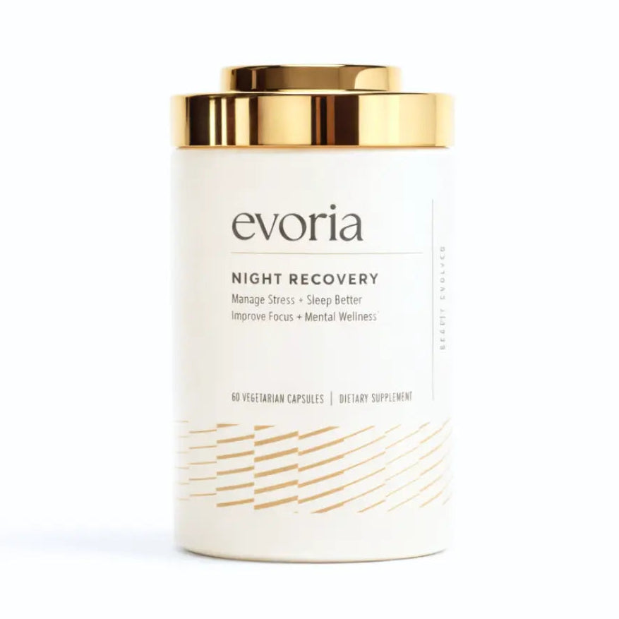 Evoria Night Recovery supplement container on a white background