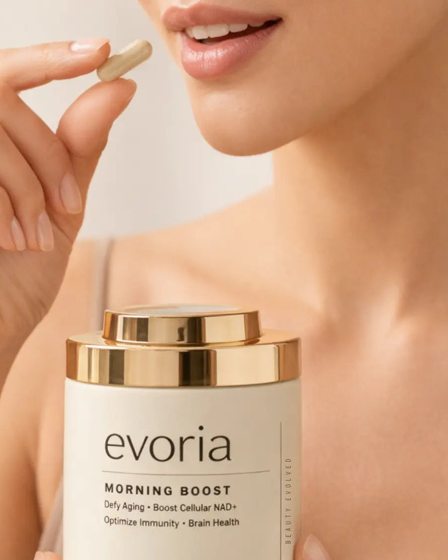 Evoria Morning Boost product with a woman holding a supplement capsule against a neutral background