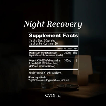 Evoria Night Recovery nutritional label detailing exact amounts for Magnesium Glycinate, Dimagnesium Malate, and Organic KSM-66 Ashwagandha.